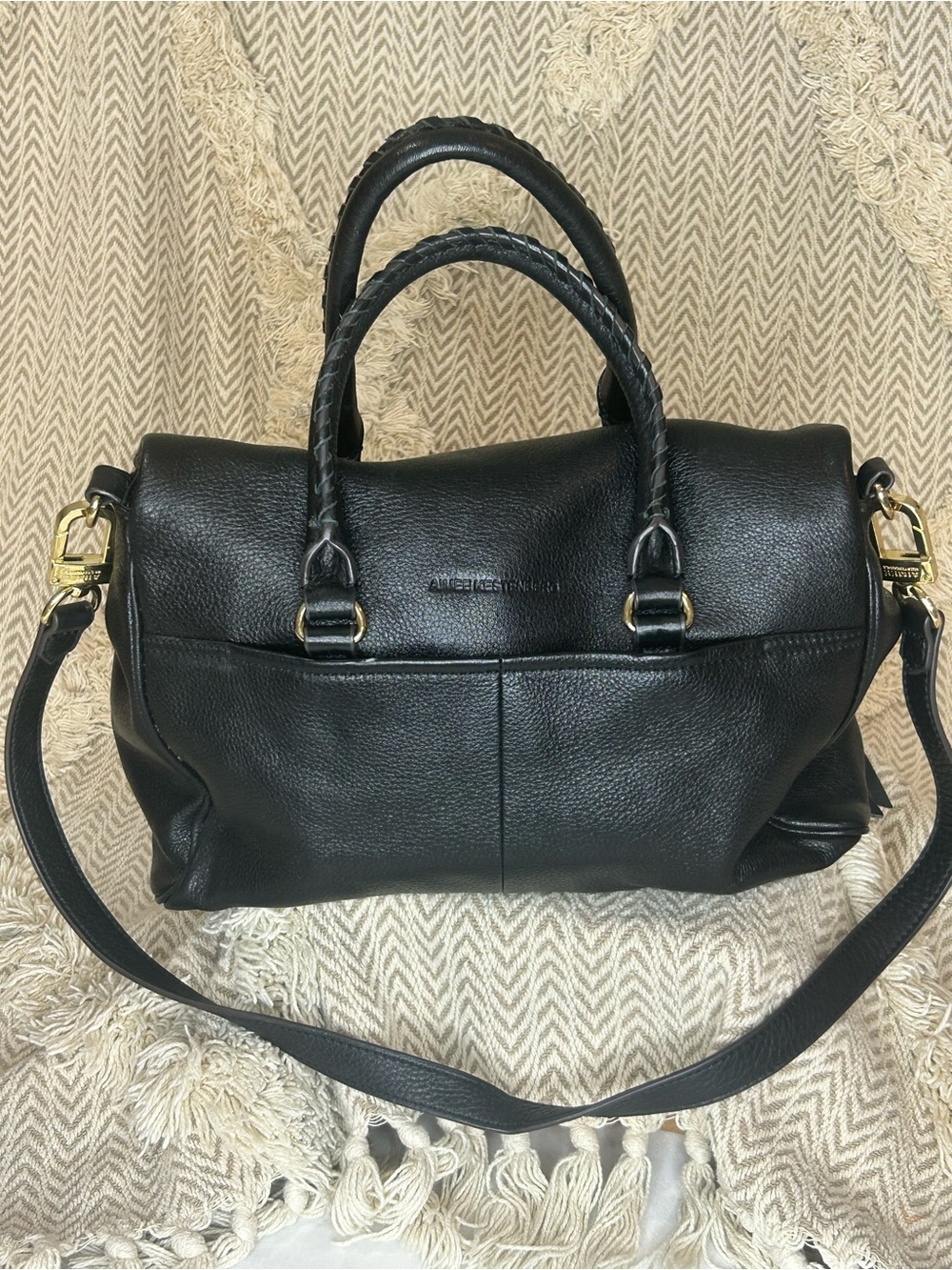Aimee Kestenberg Black Leather Satchel with Gold Metallic Detail - Picture 5 of 12